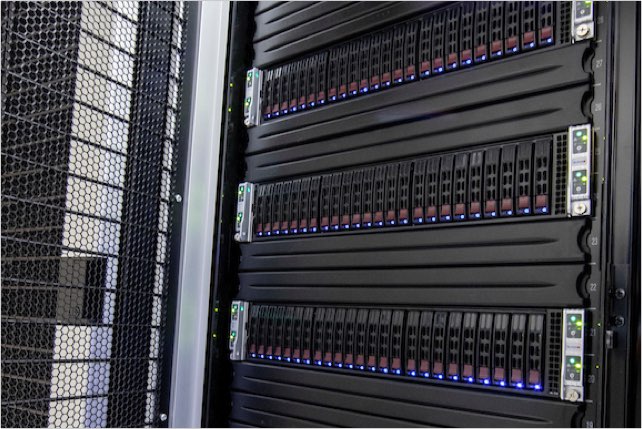 A server rack that is part of the forge, full of hard disks.