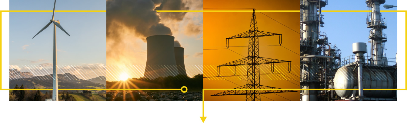 Collage of energy sources including wind turbine, nuclear power plant, transmission tower, and oil refinery.